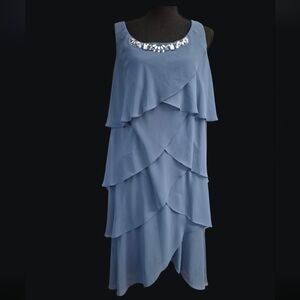 Ignite Evenings Dusty Blue Tiered Ruffle Dress with Jewel Embellished Neckline -